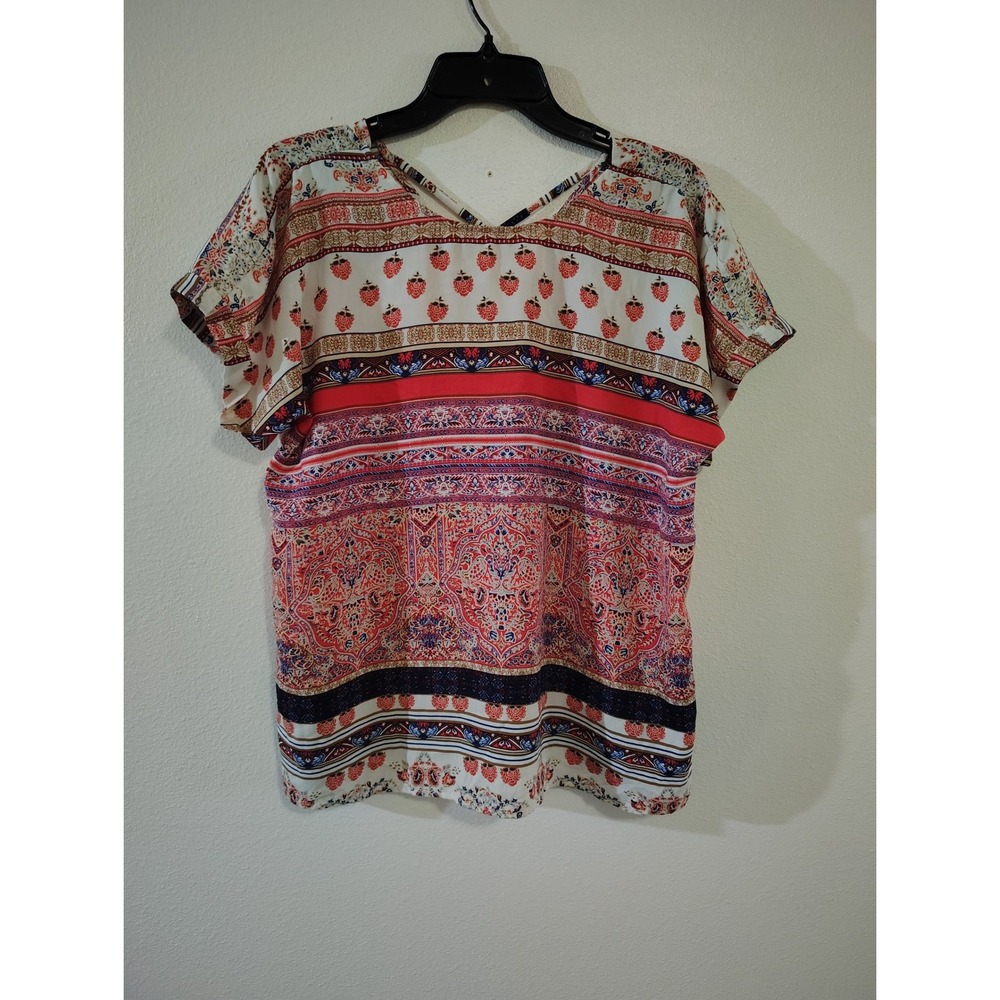 Skies Are Blue Women Large Strawberry Paisley Mixed Print Crisscross Neck Blouse